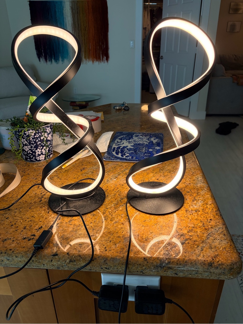 Black LED Spiral Pair of Table lamps.